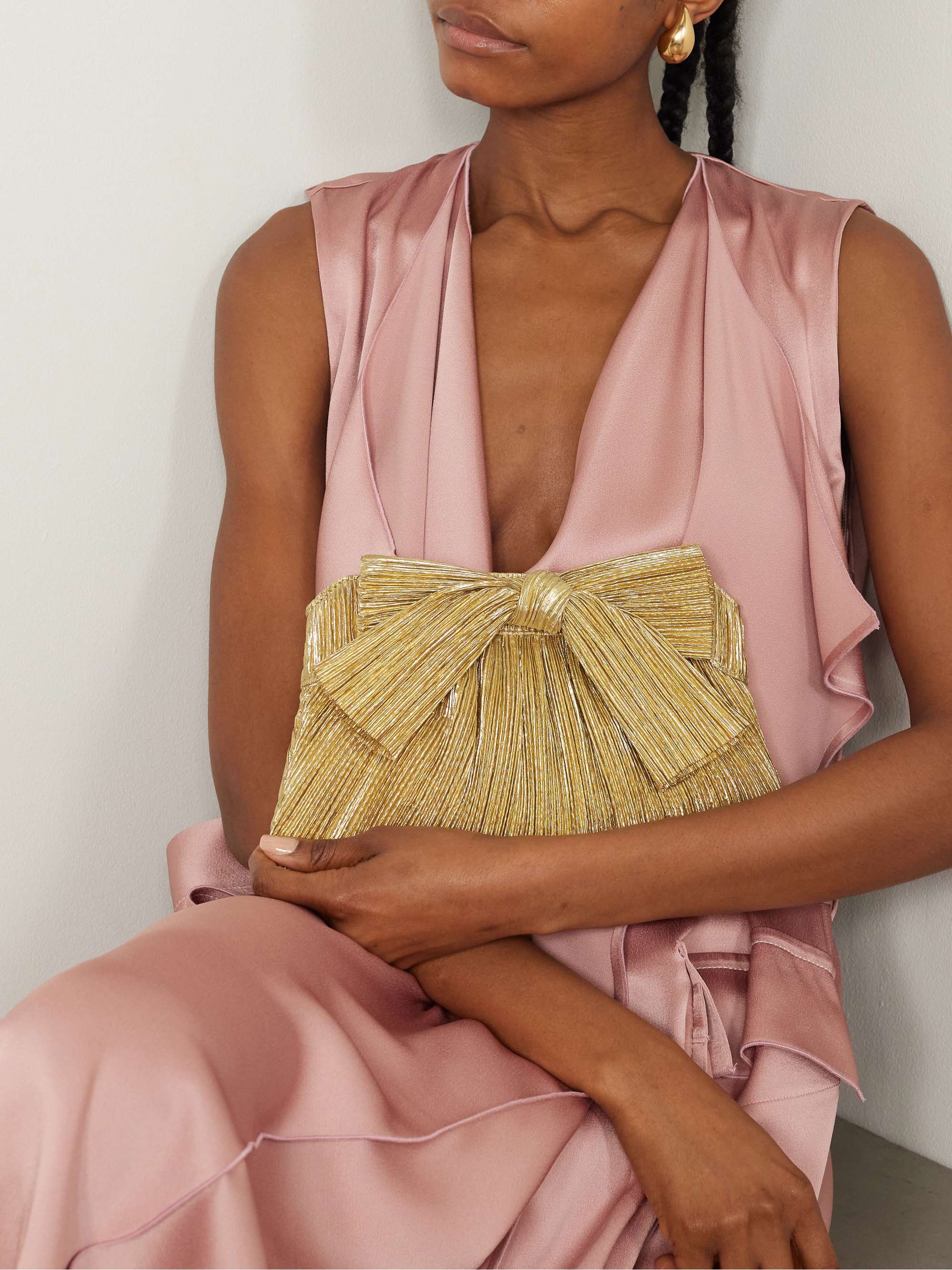 Rayne Bow-Embellished Plissé-Lamé Clutch