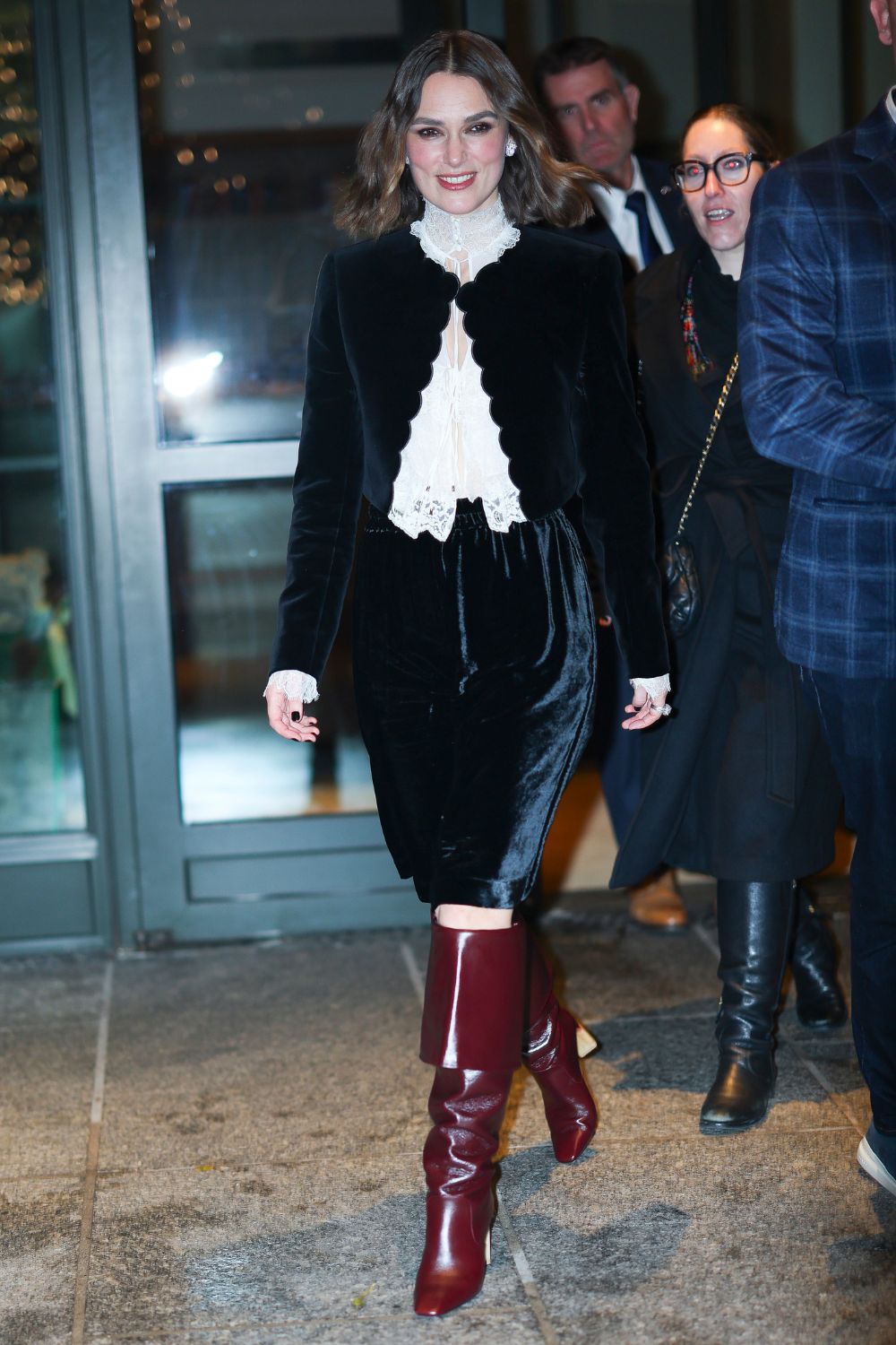 Keira Knightley in Chloe velvet jacket short and boots