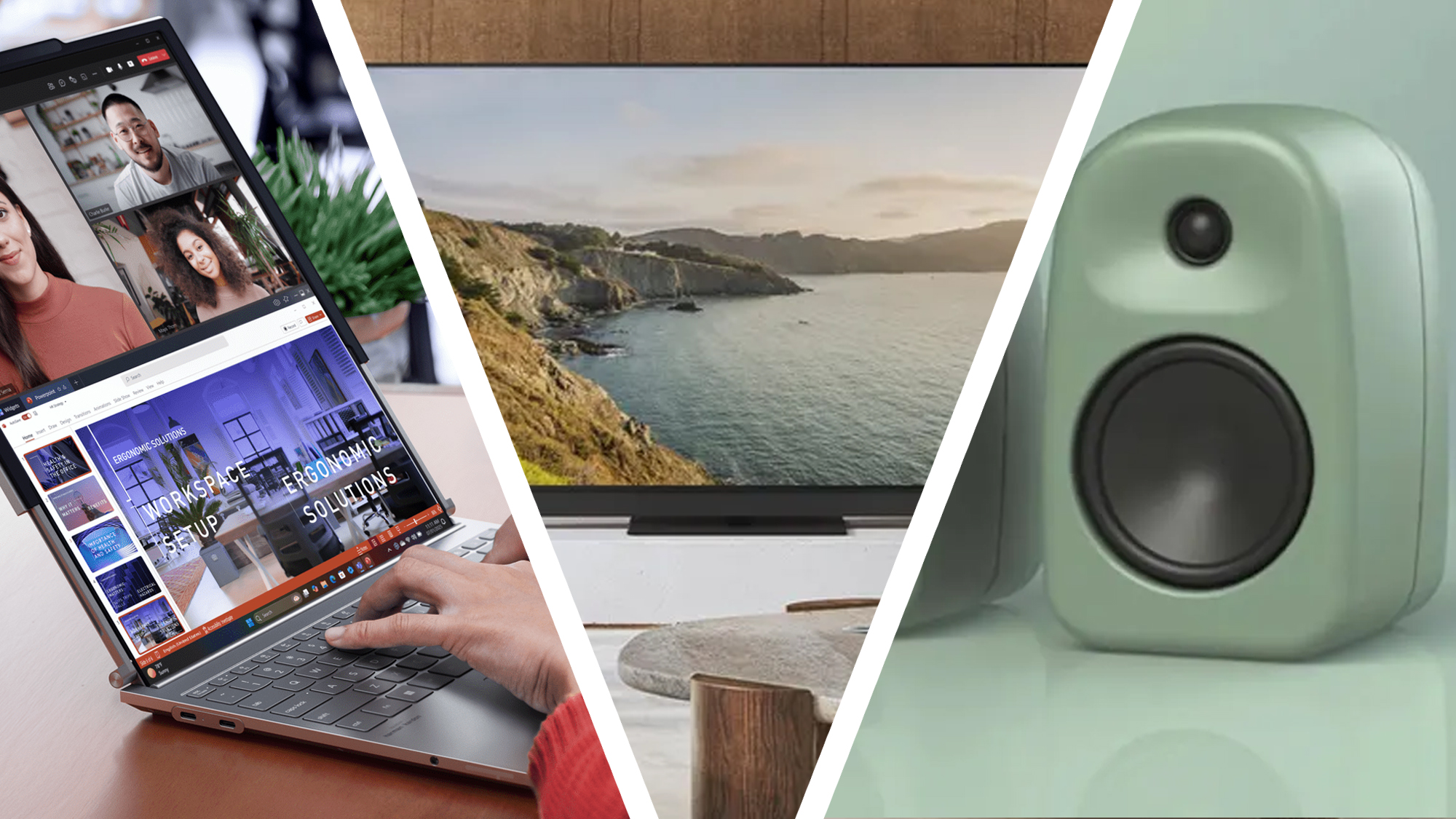 A person typing on Lenovo's ThinkBook Plus Gen 6 Rollable, next to a Panasonic TV in a living room and a pair of green Kanto bookshelf speakers.