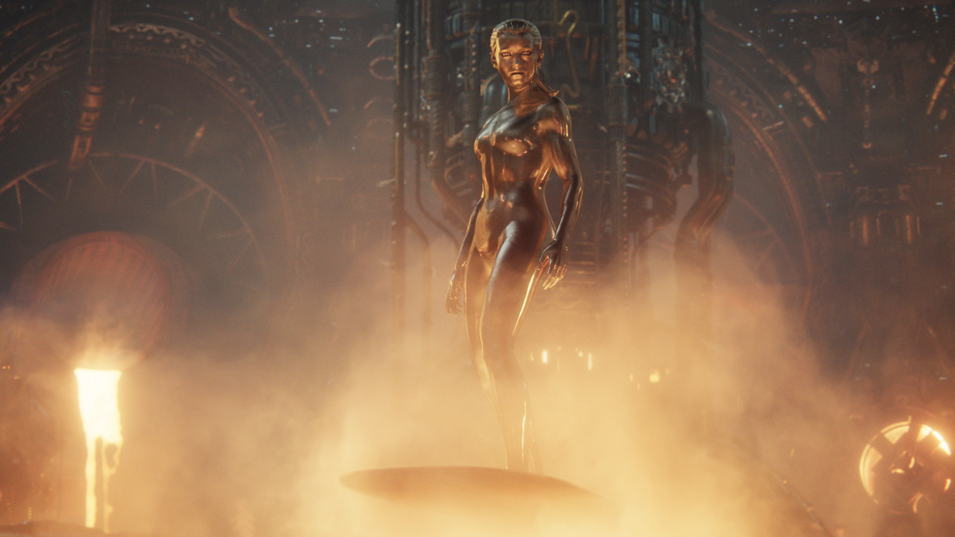 Silver Surfer standing on her surfboard with Galactus lurking in the background in The Fantastic Four: First Steps