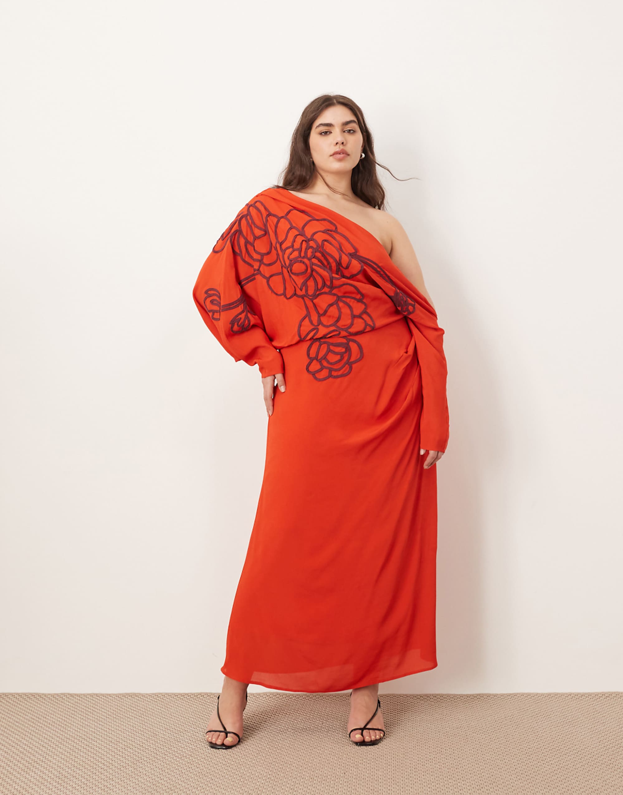 Arrange Curve Linear Embroidered Floral Slouchy Shoulder Drape Midi Dress in Red