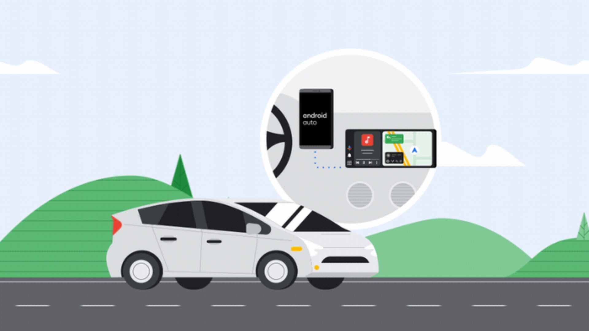 Android Auto's new update working in a cartoon car.